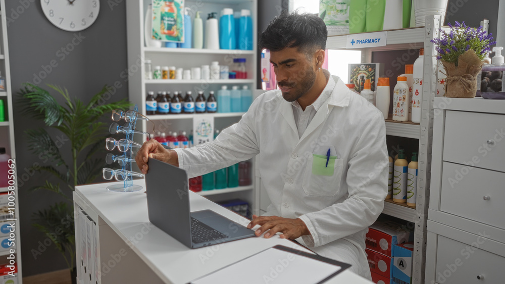 Hispanic man in pharmacy wearing white coat working on laptop surrounded by various medical products and eyeglasses display Hispanic man in pharmacy wearing white coat working on laptop surrounded by various medical products and eyeglasses display