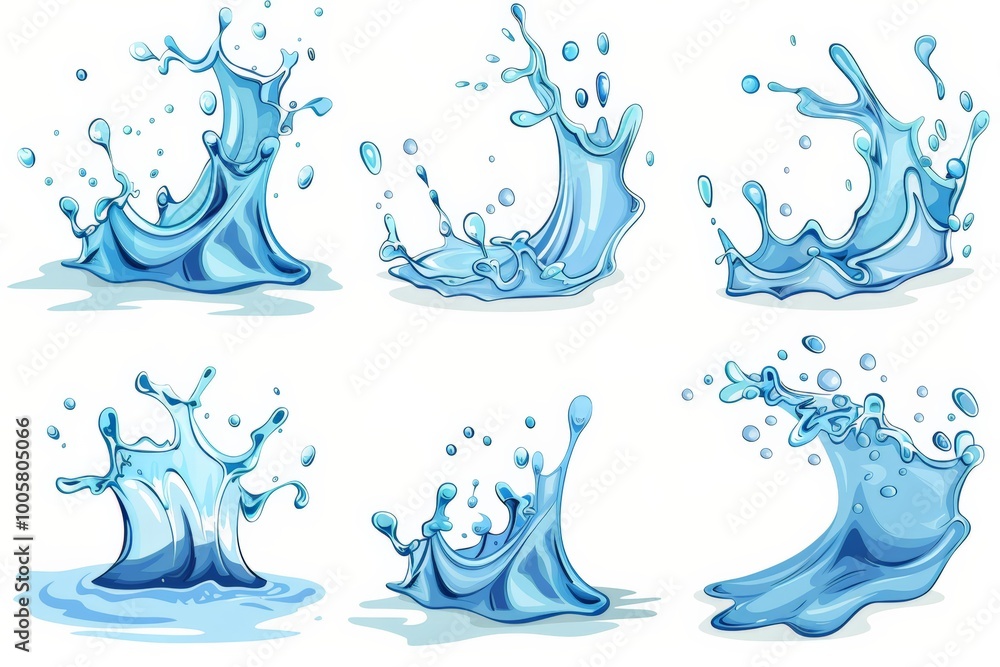 Set of cartoon water splashes in various shapes and movements. Set of cartoon water splashes in various shapes and movements.