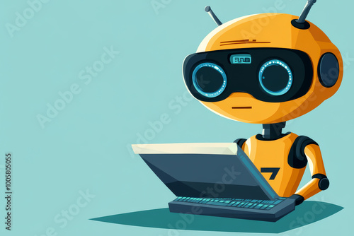 A robot is sitting at a computer keyboard. The robot is wearing a yellow suit and has a blue face. The robot is looking at the camera with a serious expression