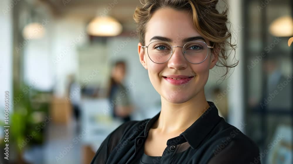Smiling Confident Business Woman Close up Portrait in Modern Office Background Smiling Confident Business Woman Close up Portrait in Modern Office Background