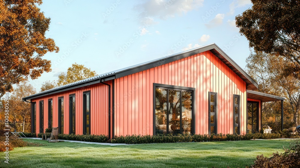 A sleek farmhouse-style home with vertical apricot paneling, coal trim, set on mint green grass and surrounded by mahogany trees for a fresh, elegant vibe