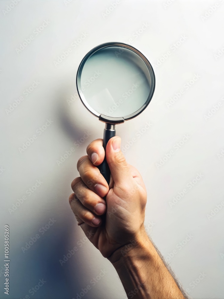 Hand Holding a Magnifying Glass Against a Light Background: Symbolizing Exploration and Discovery Hand Holding a Magnifying Glass Against a Light Background: Symbolizing Exploration and Discovery