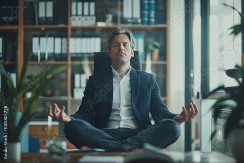 Calm Mtis businessman meditating on office desk in middle of busy work day , background blur photo