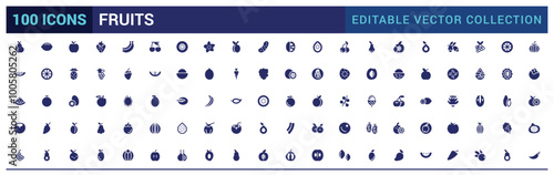Fruit solid icons set. Glyph icon collection for web and ui. Filled icon pack, Fruits icon set. Vector illustration.