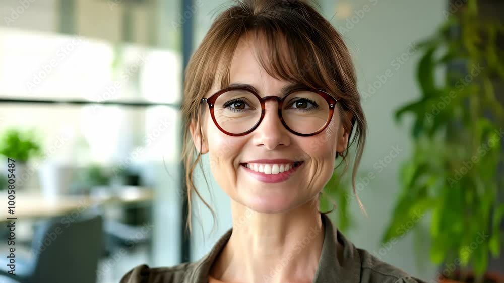 Smiling Confident Business Woman Close up Portrait in Modern Office Background Smiling Confident Business Woman Close up Portrait in Modern Office Background