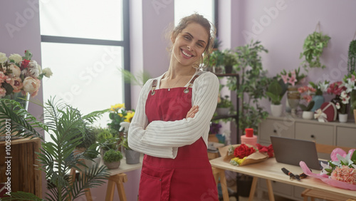 Confident young woman with crossed arms standing in a colorful indoor flower shop surrounded by green plants and bouquets.