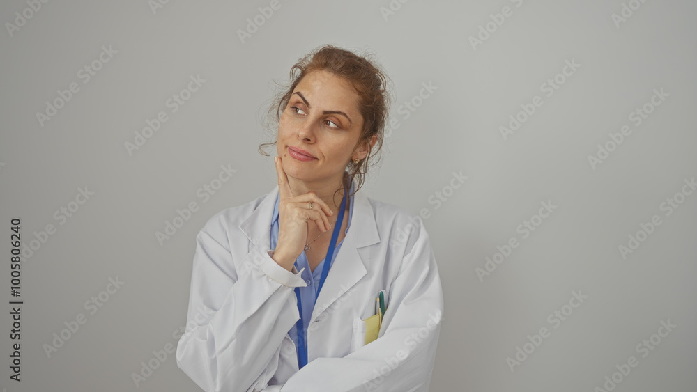 Thoughtful female doctor in lab coat with stethoscope pondering over a diagnosis against a white background Thoughtful female doctor in lab coat with stethoscope pondering over a diagnosis against a white background