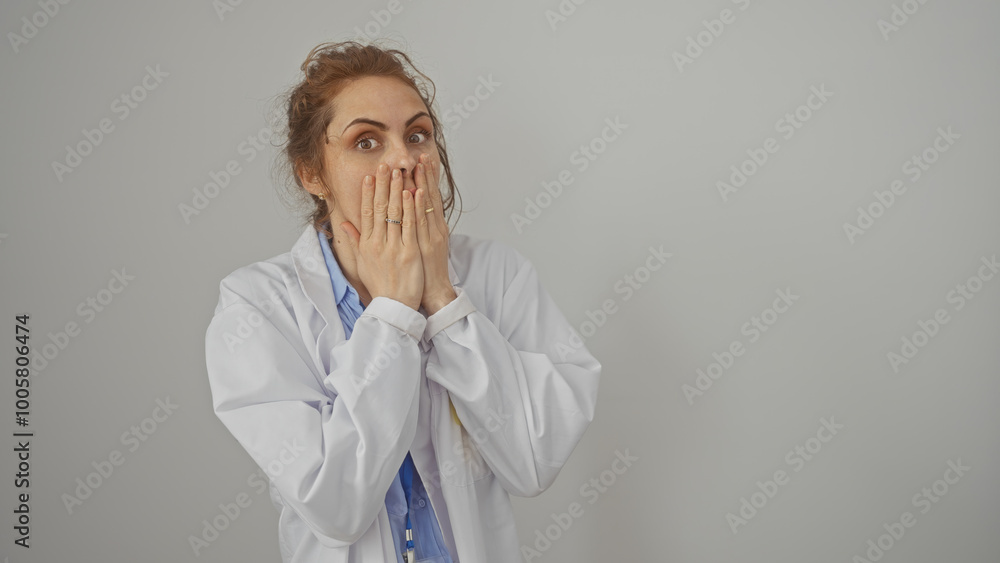 A surprised young caucasian woman in a lab coat covering her mouth against a white wall. A surprised young caucasian woman in a lab coat covering her mouth against a white wall.