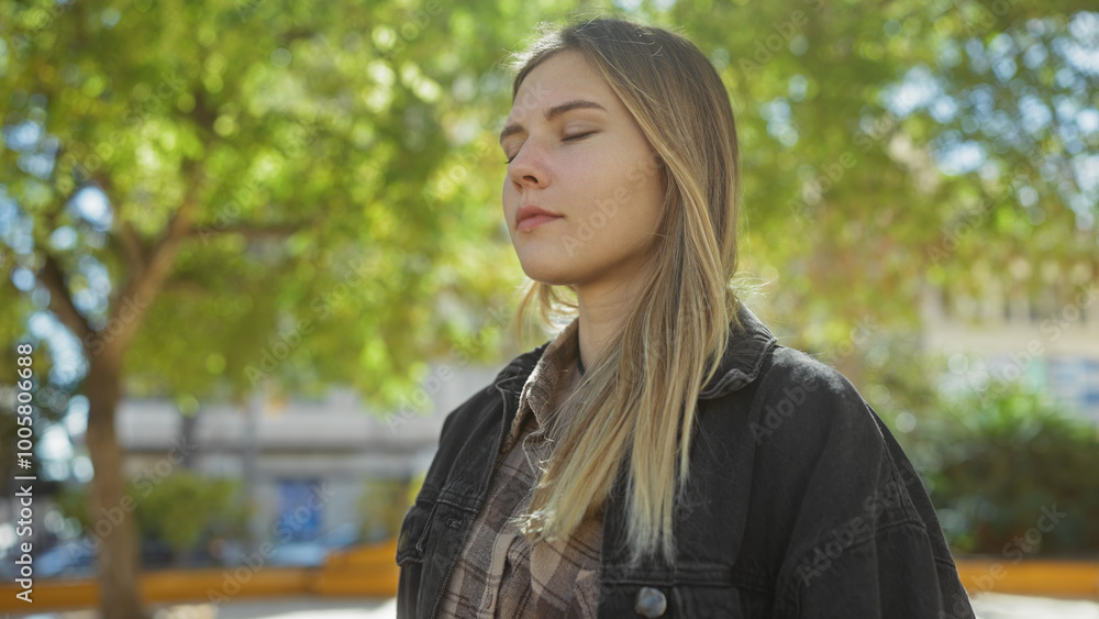A serene young caucasian woman enjoys a tranquil moment in a lush city park with eyes closed amidst vibrant green foliage. A serene young caucasian woman enjoys a tranquil moment in a lush city park with eyes closed amidst vibrant green foliage.