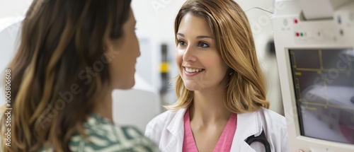 A healthcare provider explaining the benefits of regular mammograms to a patient 