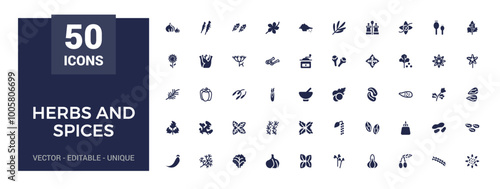 Herbs and spices solid icons set. Bundle of oregano, vanilla, rosemary, pepper and other. Vector pack filled symbols for website or mobile app design.