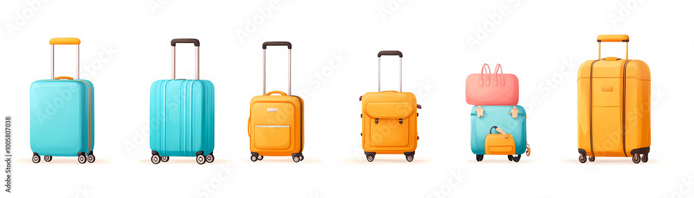 A series of suitcases in various colors, including blue, yellow, and pink. The suitcases are arranged in a row, with the blue one on the left and the pink one on the right A series of suitcases in various colors, including blue, yellow, and pink. The suitcases are arranged in a row, with the blue one on the left and the pink one on the right