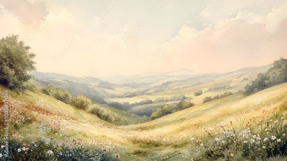 Refined pastel toned landscape with a dreamy nostalgic aesthetic rolling hillsides dotted with whimsical wildflowers watercolor luminous and atmospheric Refined pastel toned landscape with a dreamy nostalgic aesthetic rolling hillsides dotted with whimsical wildflowers watercolor luminous and atmospheric