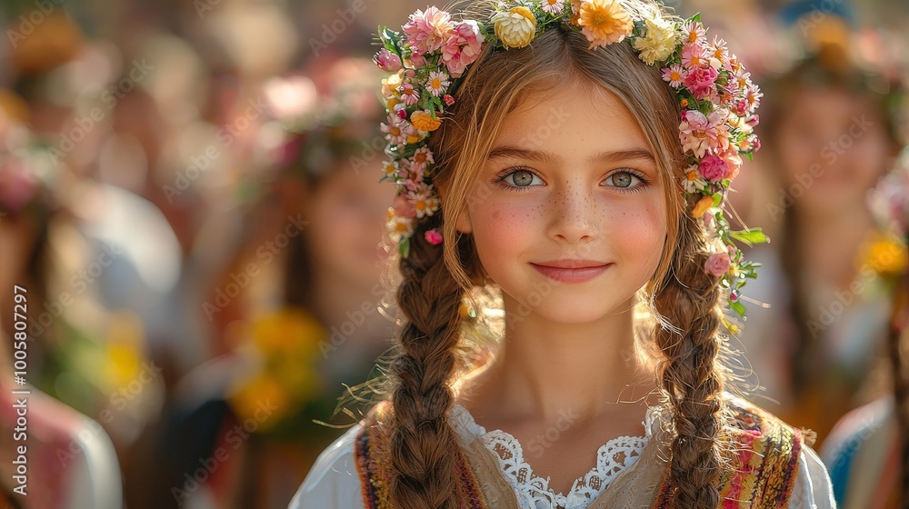 A young girl with braided hair and a floral crown smiles amidst a crowd celebrating culture. A young girl with braided hair and a floral crown smiles amidst a crowd celebrating culture.