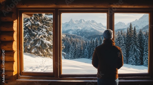 Cozy Winter Cabin Overlooking Snowy Mountain Landscape