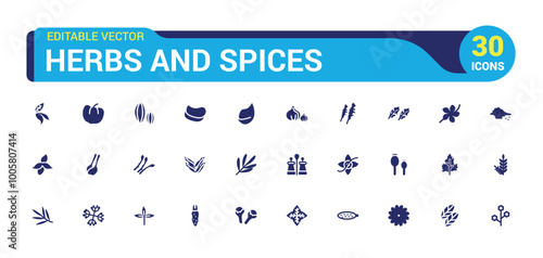 Herbs and spices solid icons set. Bundle of oregano, vanilla, rosemary, pepper and other. Vector pack filled symbols for website or mobile app design.
