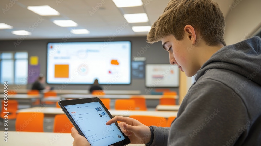 A student using a tablet for an interactive learning session in a modern classroom A student using a tablet for an interactive learning session in a modern classroom