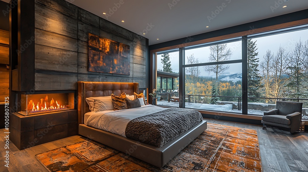 Fototapeta premium A modern rustic bedroom, complete with a fireplace and a breathtaking mountain view, feels both warm and scenic.