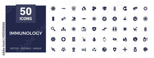 Immunology filled icons set. Solid icons fpr healthy habits, food, antibody, supplement, vitamin and immune system boosting. Vector illustration.