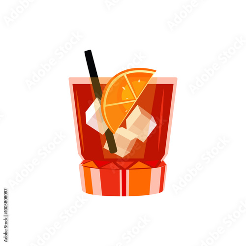 Cocktail Americano. Refreshing drink with orange and ice. Vector illustration.