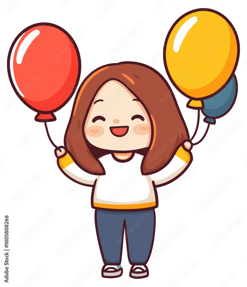 A cheerful child holding colorful balloons while enjoying a sunny day isolated on transparent background.