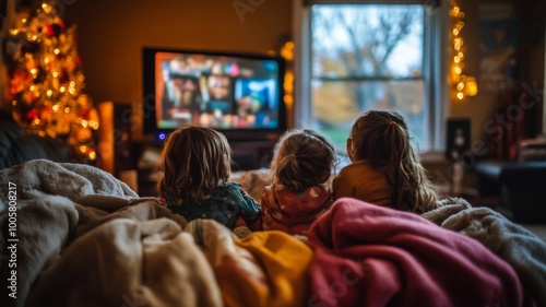 Three children huddled under blankets watching TV