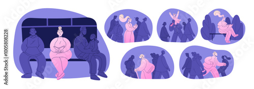 Outstanding people with high energy set. Happy, positive characters vs. sad crowd. Inspired men, women, kids with optimistic life. Optimism concept. Flat isolated vector illustrations on white