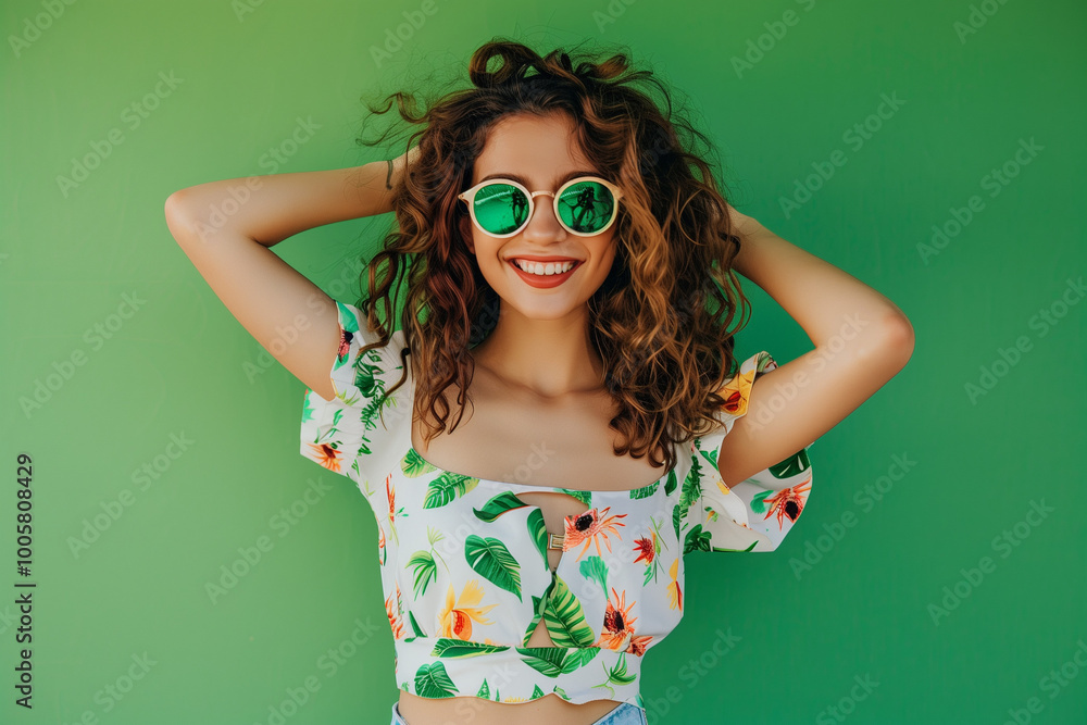 Vibrant fashionable woman smiling in stylish sunglasses on green background trendy outdoor portrait with cheerful expression Vibrant fashionable woman smiling in stylish sunglasses on green background trendy outdoor portrait with cheerful expression