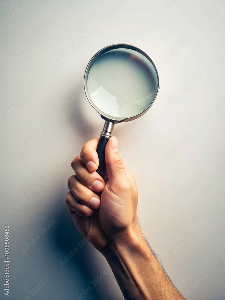 Hand Holding a Magnifying Glass Against a Light Background: Symbolizing Exploration and Discovery Hand Holding a Magnifying Glass Against a Light Background: Symbolizing Exploration and Discovery
