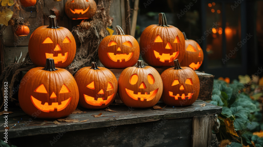 Halloween pumpkins with carved faces are beautifully arranged, glowing warmly in evening light. festive atmosphere is enhanced by autumn leaves and rustic decor Halloween pumpkins with carved faces are beautifully arranged, glowing warmly in evening light. festive atmosphere is enhanced by autumn leaves and rustic decor