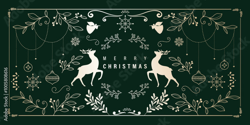 Luxury Christmas and Happy new year background folk design vector. Elegant hanging bauble, leaves branch, reindeer, snowflake on green background. Design for wallpaper, banner, cover, website.