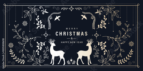 Luxury Christmas and Happy new year background folk design vector. Elegant hanging bauble, leaves branch, reindeer, snowflake on navy blue background. Design for wallpaper, banner, cover, website.