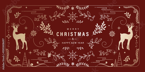 Luxury Christmas and Happy new year background folk design vector. Elegant leaves branch, reindeer, snowflake, flower on red background. Design for wallpaper, banner, cover, website.
