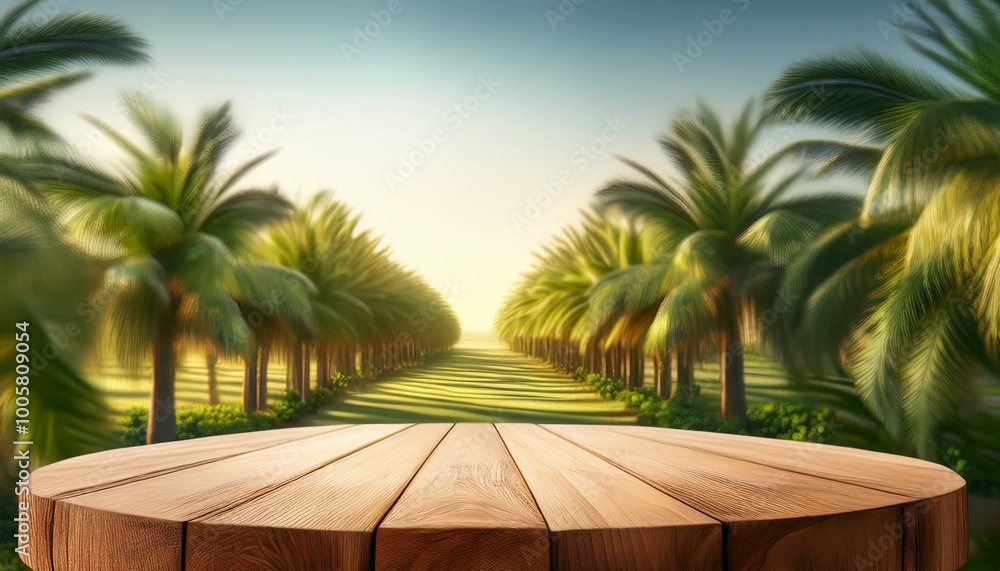 Plantation of palm trees. wooden podium for product Plantation of palm trees. wooden podium for product