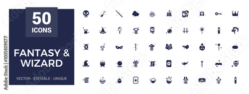 Fantasy and Wizard solid icon set. Filled magic icon for magician. Wand, Rabbit, Trick and more. Glyph for web and ui. Filled icon pack, Vector illustration.