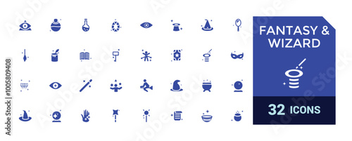 Fantasy and Wizard solid icon set. Filled magic icon for magician. Wand, Rabbit, Trick and more. Glyph for web and ui. Filled icon pack, Vector illustration.