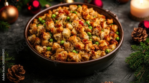 Savory stuffing with peas and spices in a serving dish, festive decor in background.