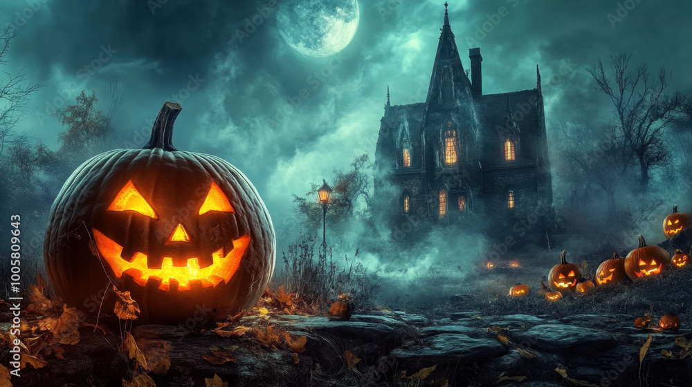 spooky Halloween scene featuring glowing jack o lantern in foreground, with haunted house and full moon in background, creating eerie atmosphere spooky Halloween scene featuring glowing jack o lantern in foreground, with haunted house and full moon in background, creating eerie atmosphere