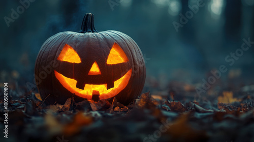 Wallpaper Mural glowing jack o lantern sits among fallen leaves, creating spooky atmosphere perfect for Halloween. carved pumpkin features classic face, radiating warmth in cool, misty woods Torontodigital.ca