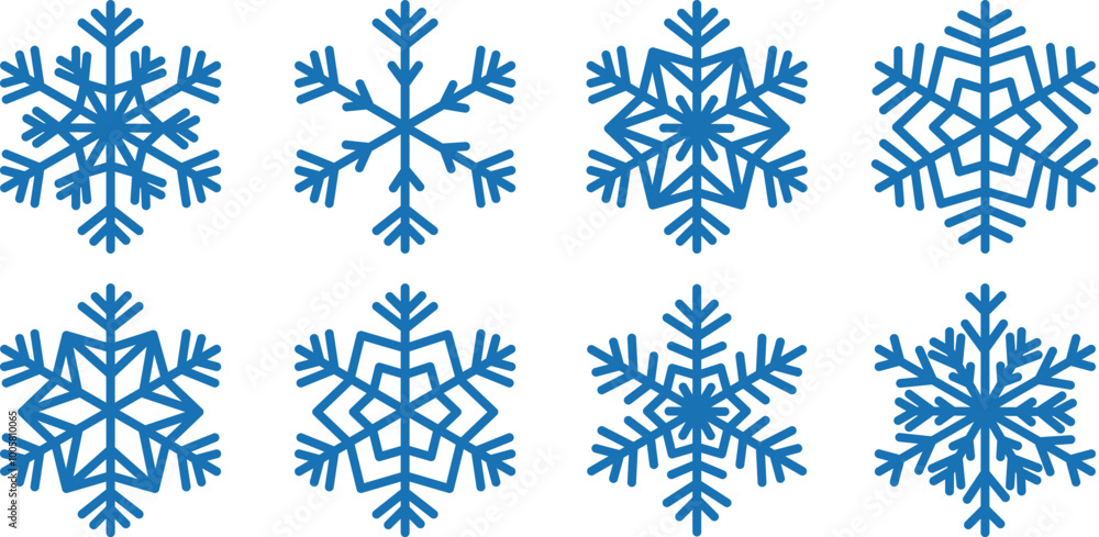 A collection of 8 snowflake icons. A collection of 8 snowflake icons.