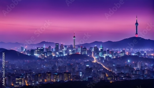 Silhouette of the Seoul skyline with Namsan Tower under a deep purple and blue twilight, Ai Generated