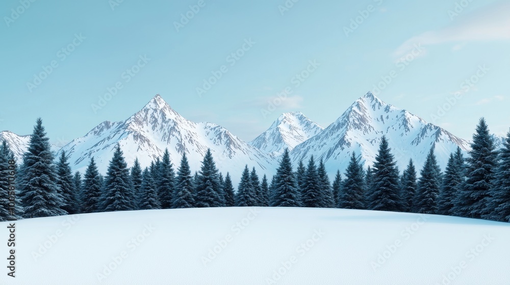 Snowy mountains and pine trees under a clear blue sky, serene winter scene. Snowy mountains and pine trees under a clear blue sky, serene winter scene.