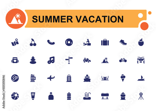 Summer Vacation solid icons. Tourism and beach icons in filled style. Travel, holiday, camera. Flat icon collection. Vector illustration.