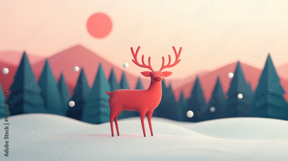 Stylized red deer in a winter landscape with mountains and pine trees. Stylized red deer in a winter landscape with mountains and pine trees.