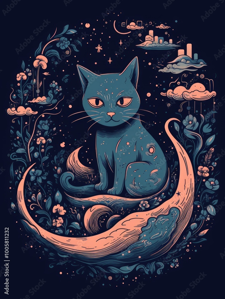 Fototapeta A whimsical blue cat sits on a crescent moon amidst a starry sky.