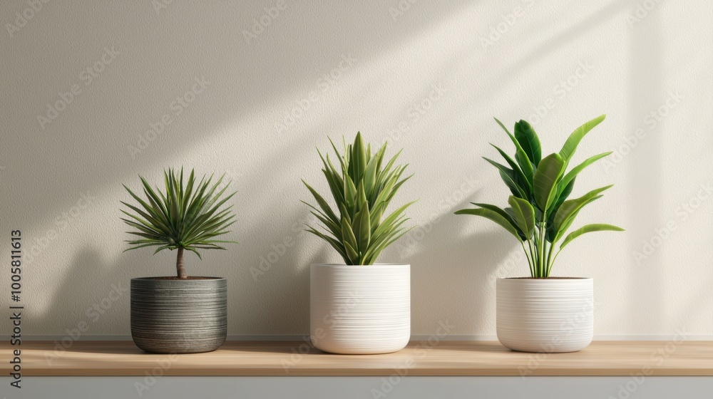 Three stylish potted plants on a wooden shelf, minimalistic interior design. Three stylish potted plants on a wooden shelf, minimalistic interior design.
