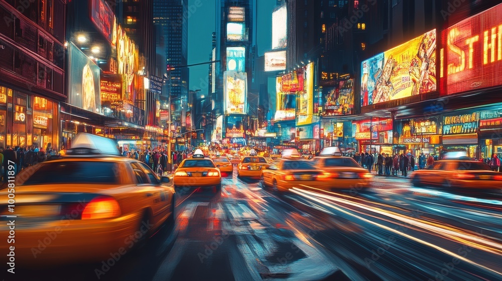 New York City Times Square at Night with Yellow Cabs. New York City Times Square at Night with Yellow Cabs.