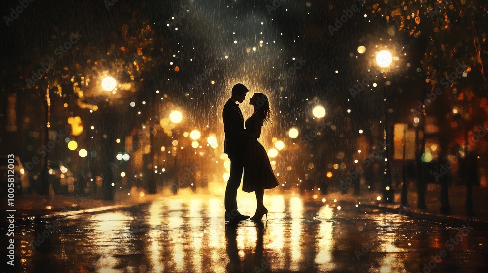 Couple Silhouetted in Rain and City Lights. Couple Silhouetted in Rain and City Lights.