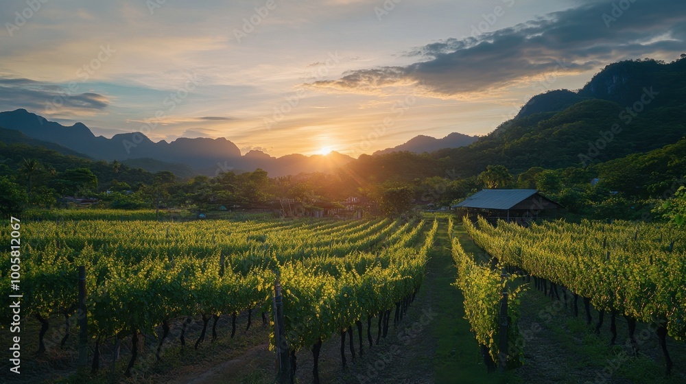 Naklejka premium A beautiful sunset view at the vineyards in Wang Nam Khiao, with grapevines glowing in the evening light.