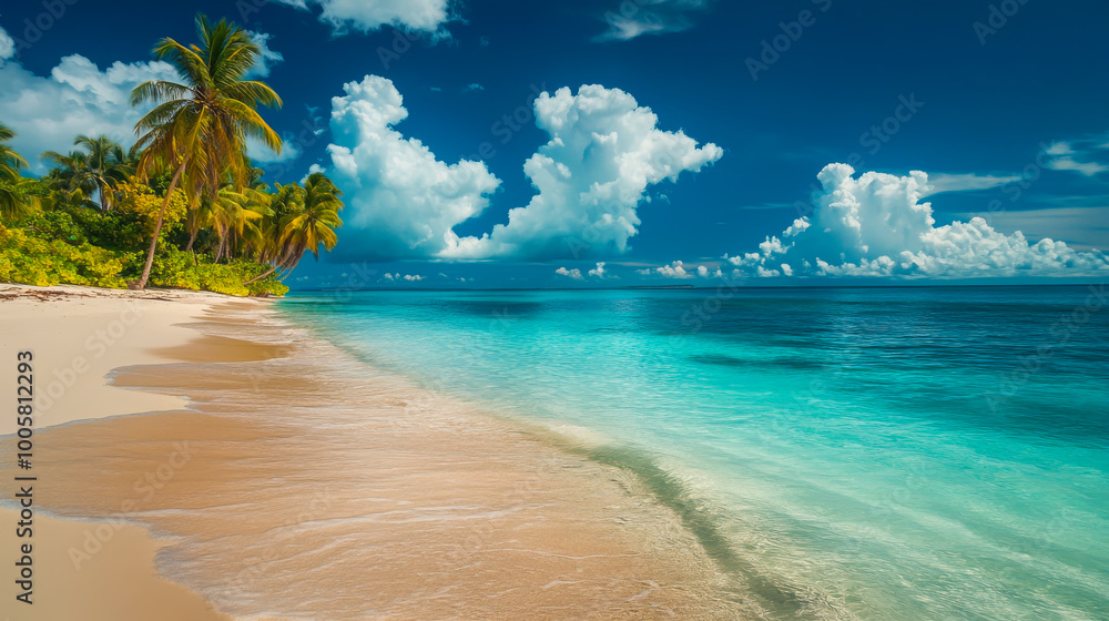 Fototapeta premium A beautiful beach with a palm tree in the background. The sky is blue and there are clouds in the background. The water is calm and the beach is empty